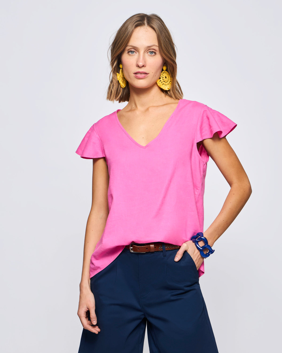 Blusa Manga Corta Vuelos Lino Viscosa - Fucsia / XS