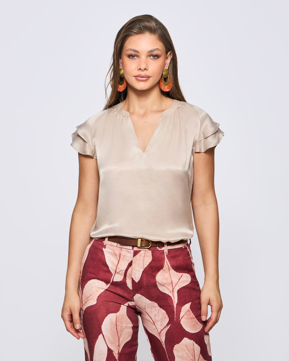 Blusa Cupro Sin Mangas y Vuelos