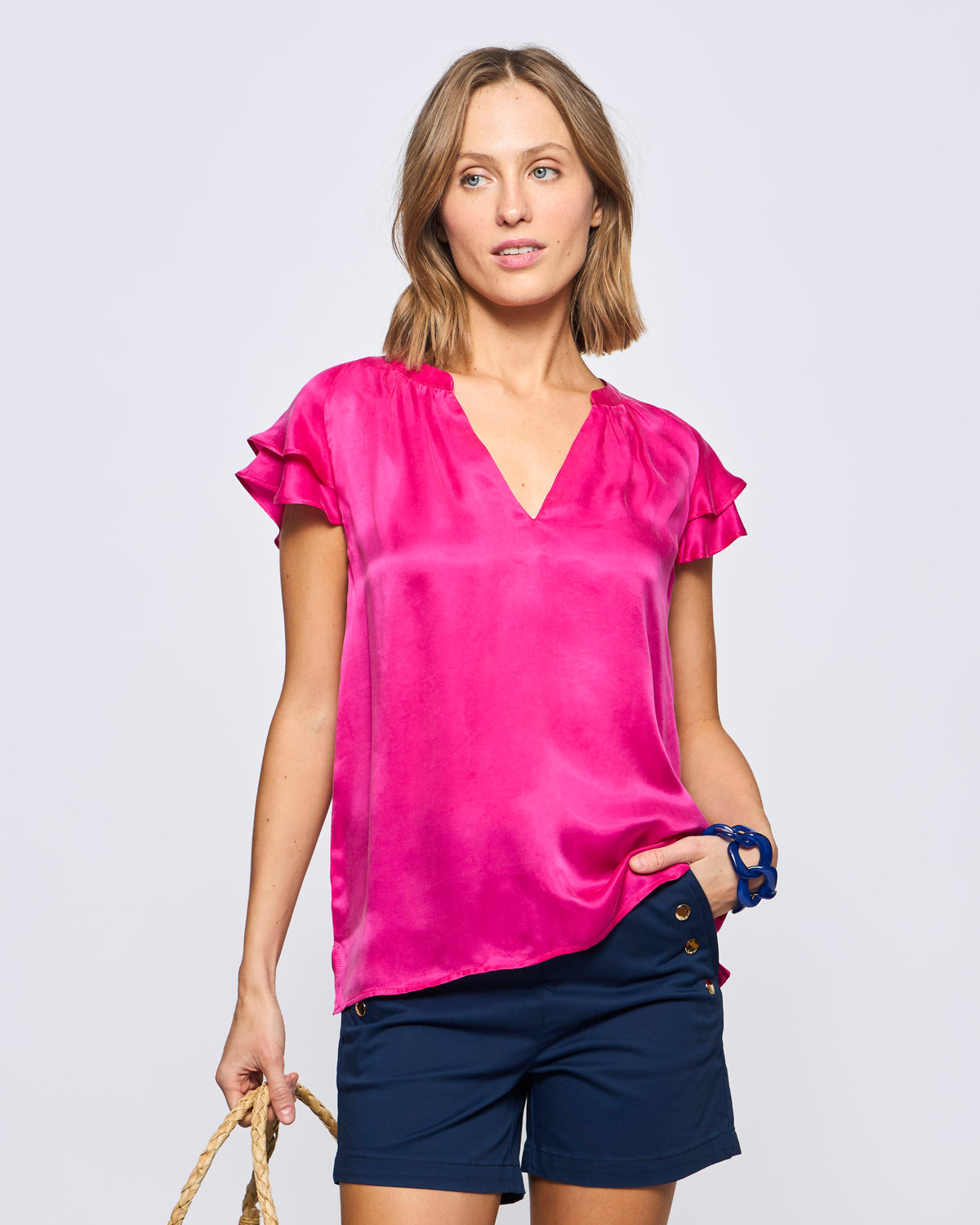 Blusa Cupro Sin Mangas y Vuelos