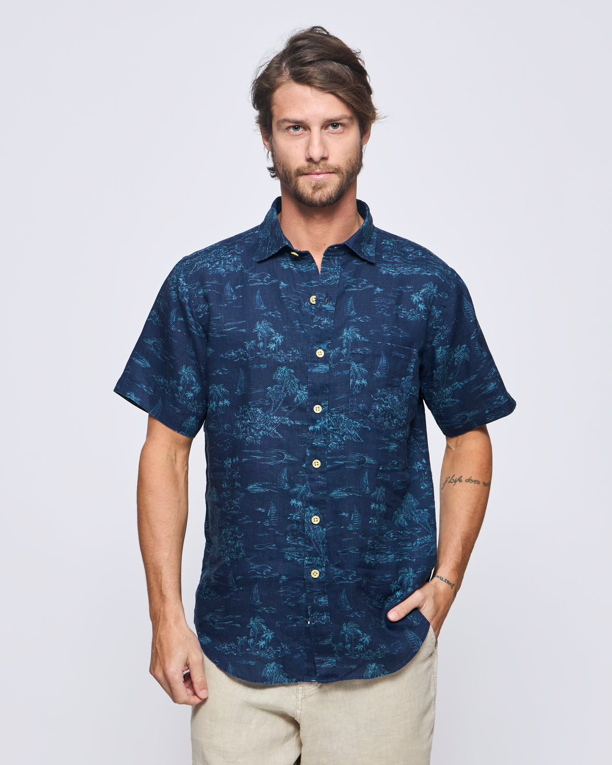 Camisa Sport Houston Weekend Lino Estampado - Navy Celeste / M