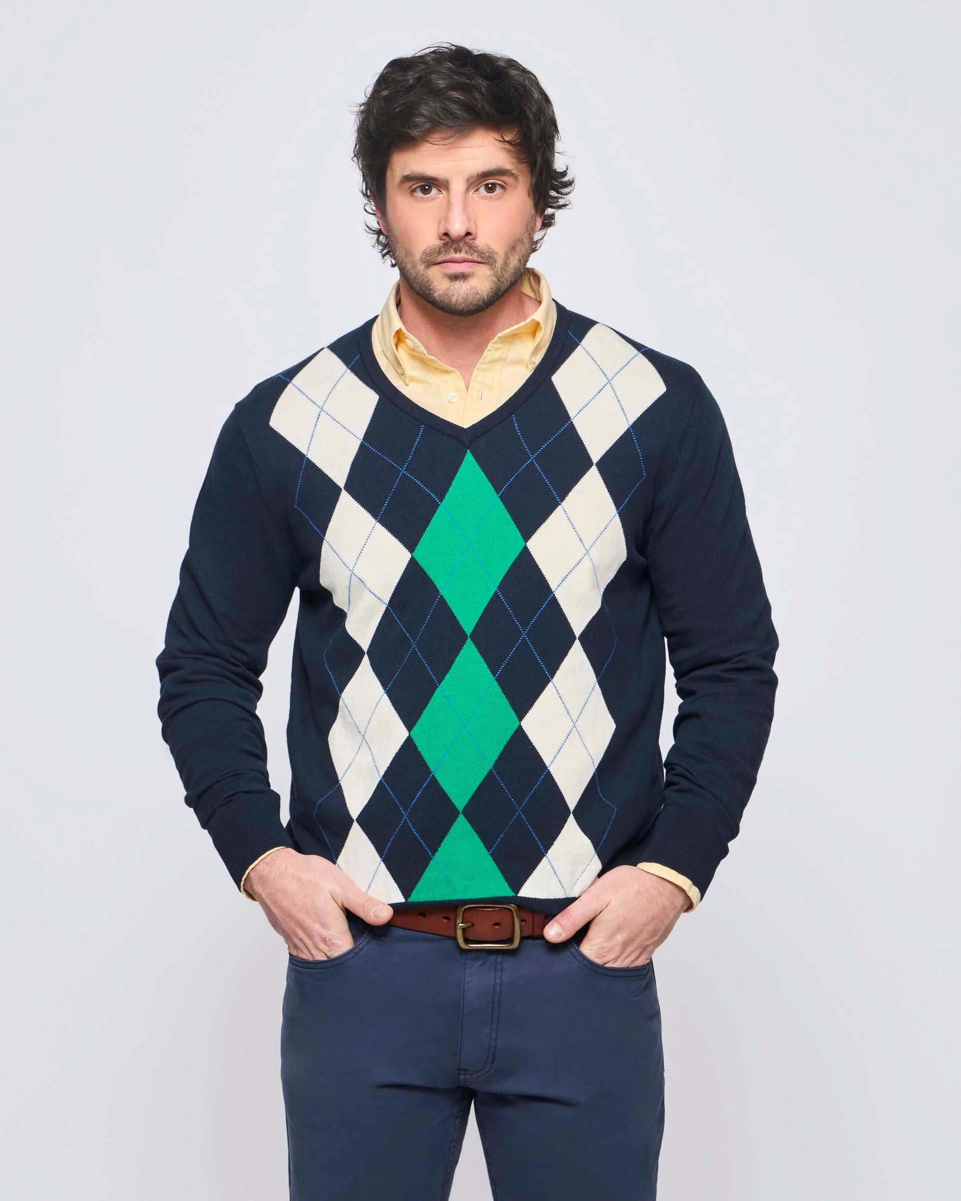 Sweater V-Neck Algodón a Rombos – Saville Row